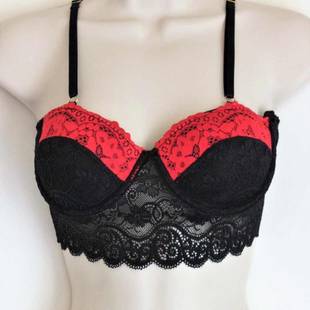 Shein Balconette Lace Bra Top Size XL Black & Red Padded Underwire Semi Sheer